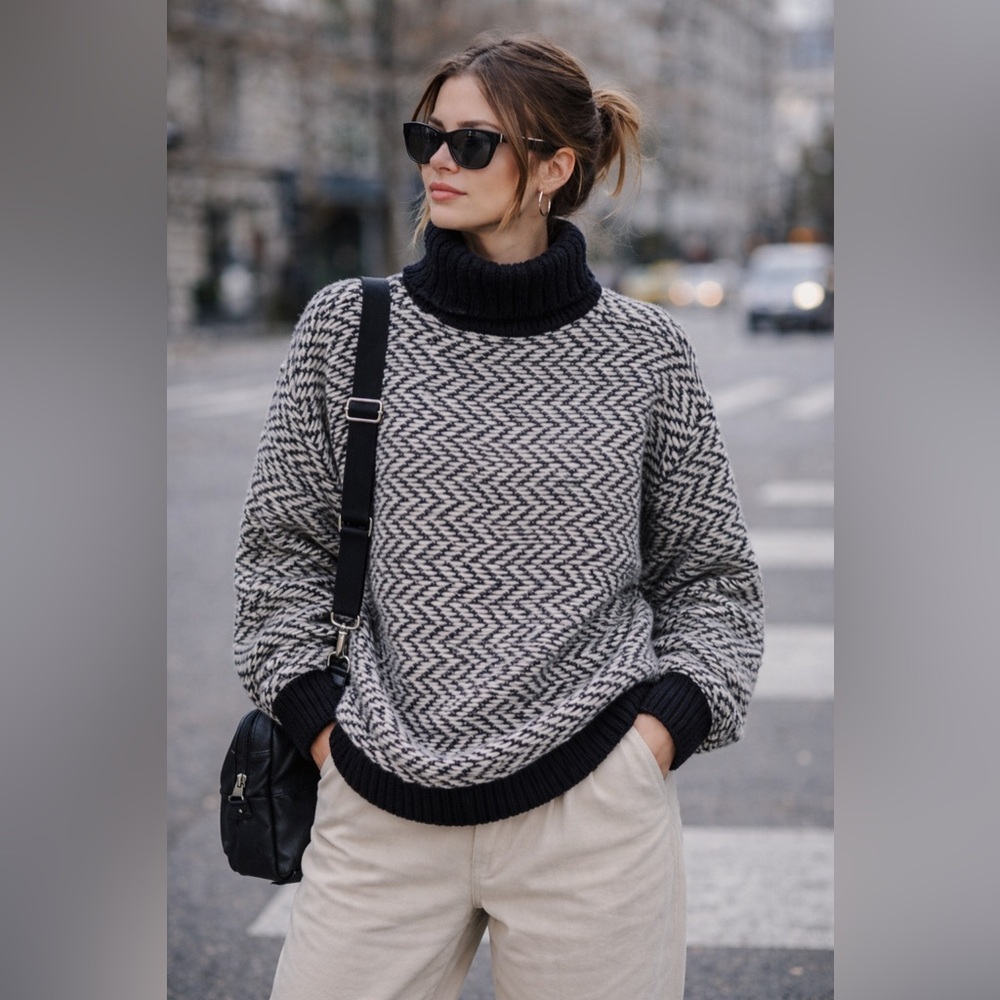 Calibrate Chunky Knit Sweater M Black Cream Mock Neck Wool Alpaca Unisex